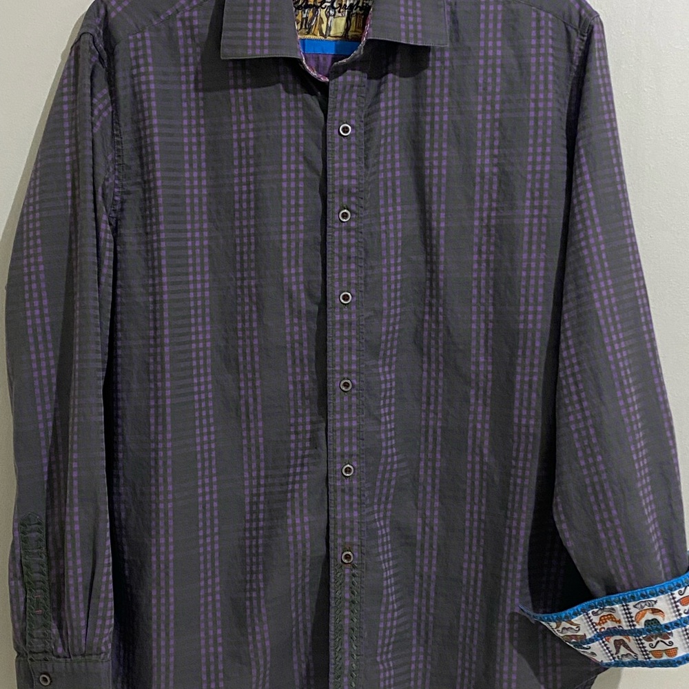 Robert Graham Men's Size 2XL Shirt with Purple Plaid Stripes Flip Cuff